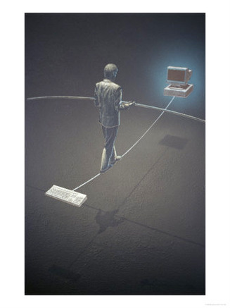 Man Tightrope Walking on a Wire Connecting a Keyboard and a Computer Monitor