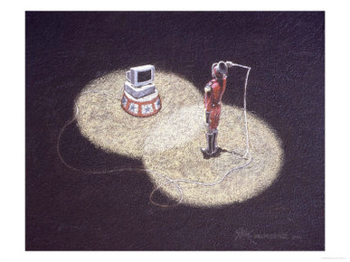 Lion Tamer Holding a Whip in Front of a Computer